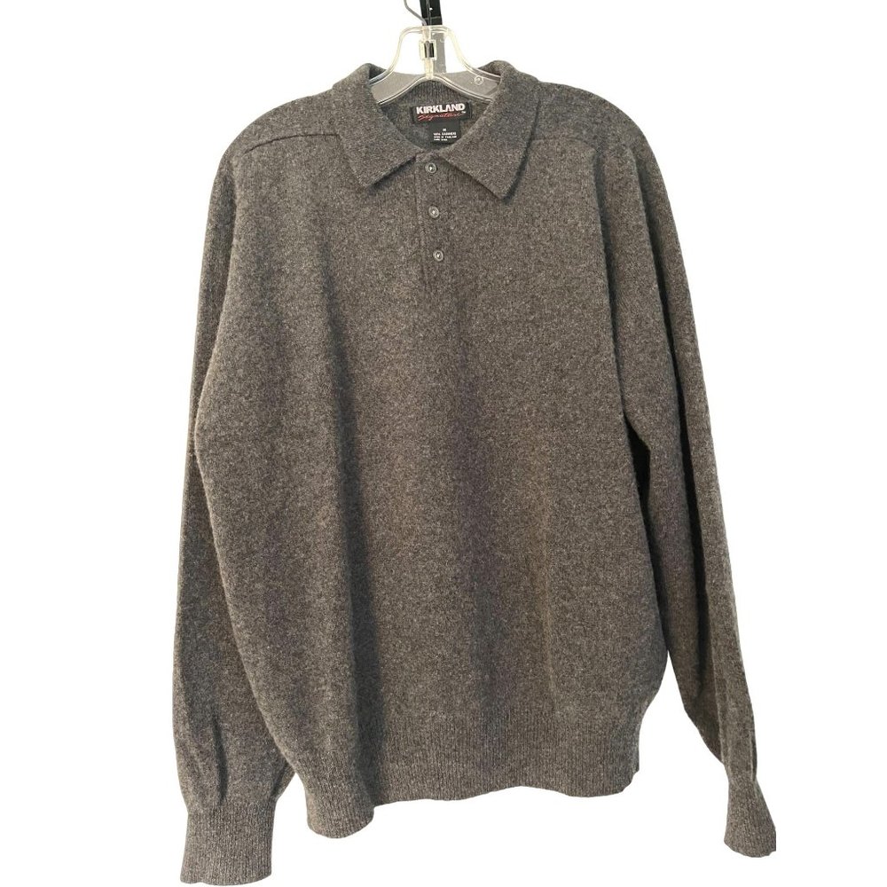 KIRKLAND SIGNATURE CHARCOAL GREY 100% CASHMERE POLO LONG SLEEVE SWEATER